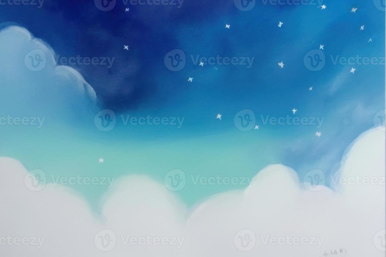 watercolor sky blue painting white clouds and sky with stars photo