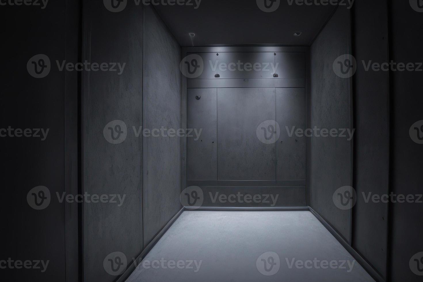dark empty room with dark wooden floor, black room background for product display. 3d render photo