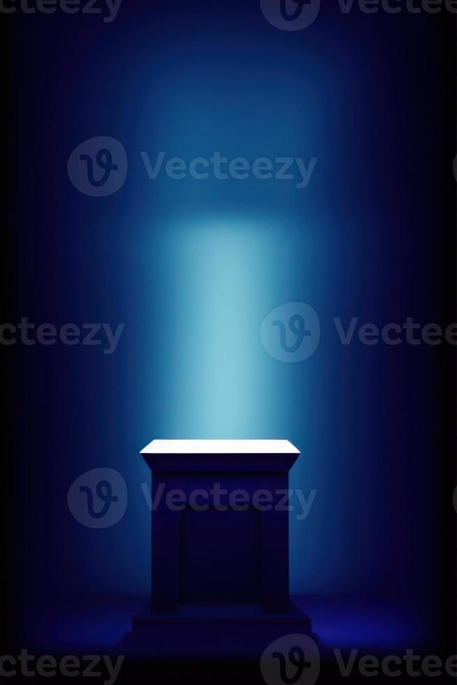 blue pedestal on dark background with spotlight, product podium, stage for display product 3d render photo