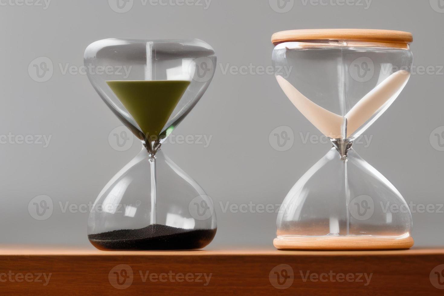 hourglass on brown table, two retro time glass countdown timer, sand in glass photo