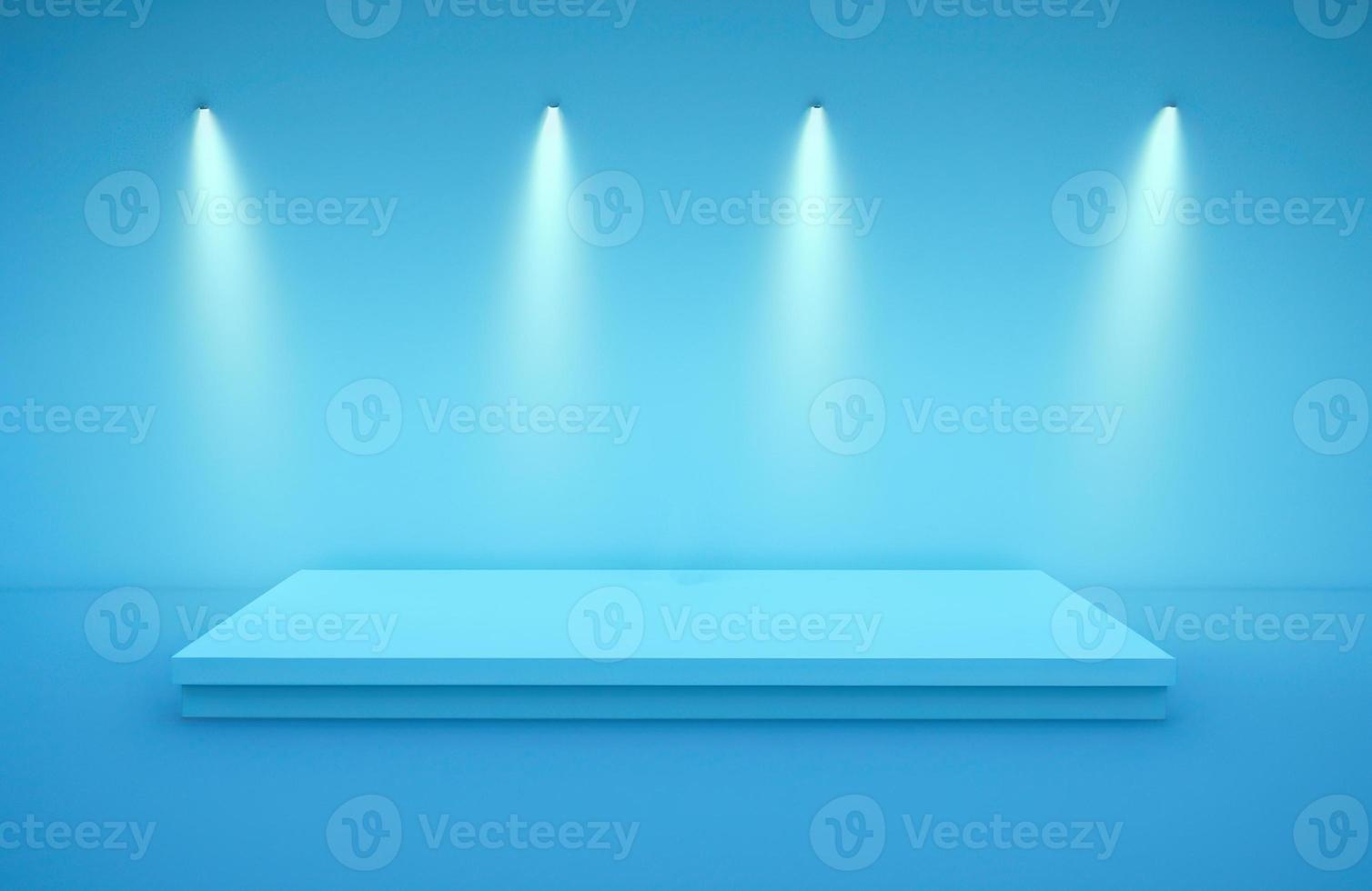 blue pedestal on light background with spotlight, product podium, stage for display product 3d render photo