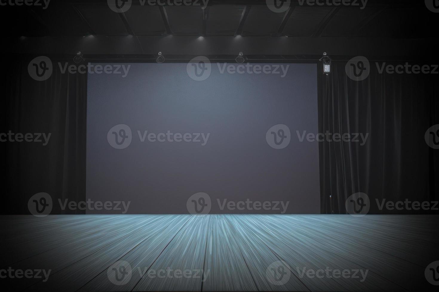 dark empty room with dark wooden floor, black room background for product display. 3d render photo