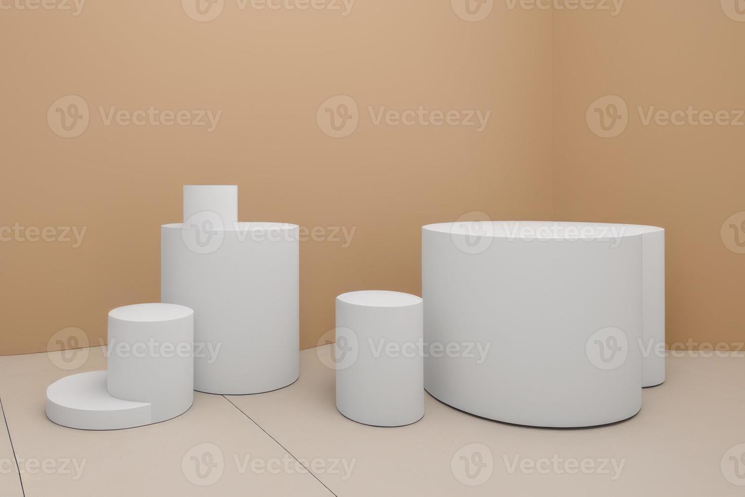 3d rendered white pedestal on brown background , podium for product, stage photo