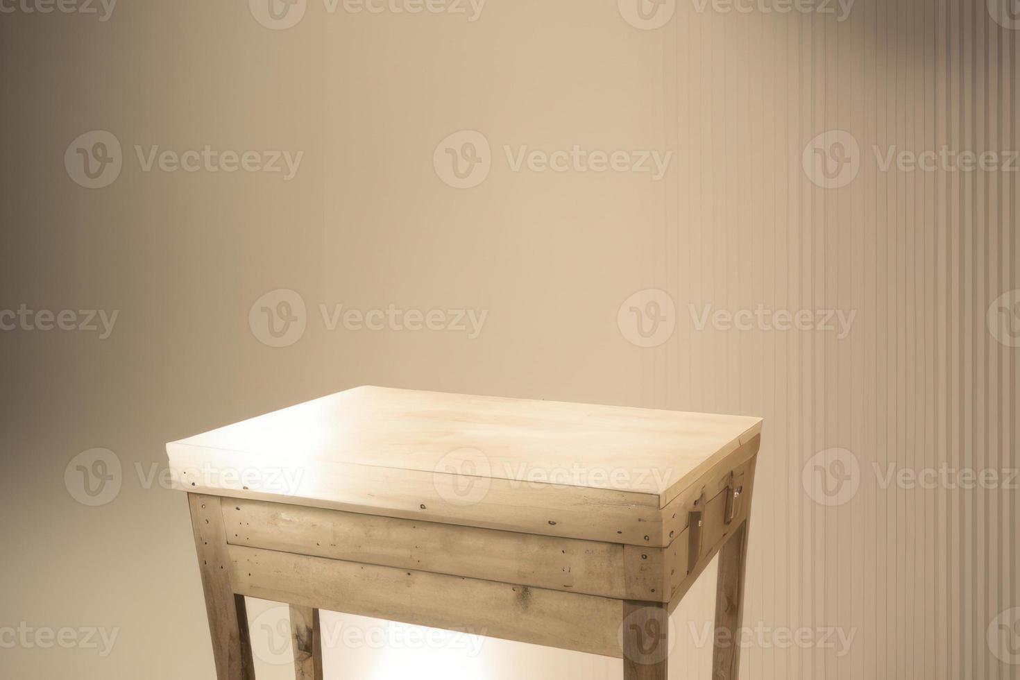 wooden table on light brown background, podium for product display photo