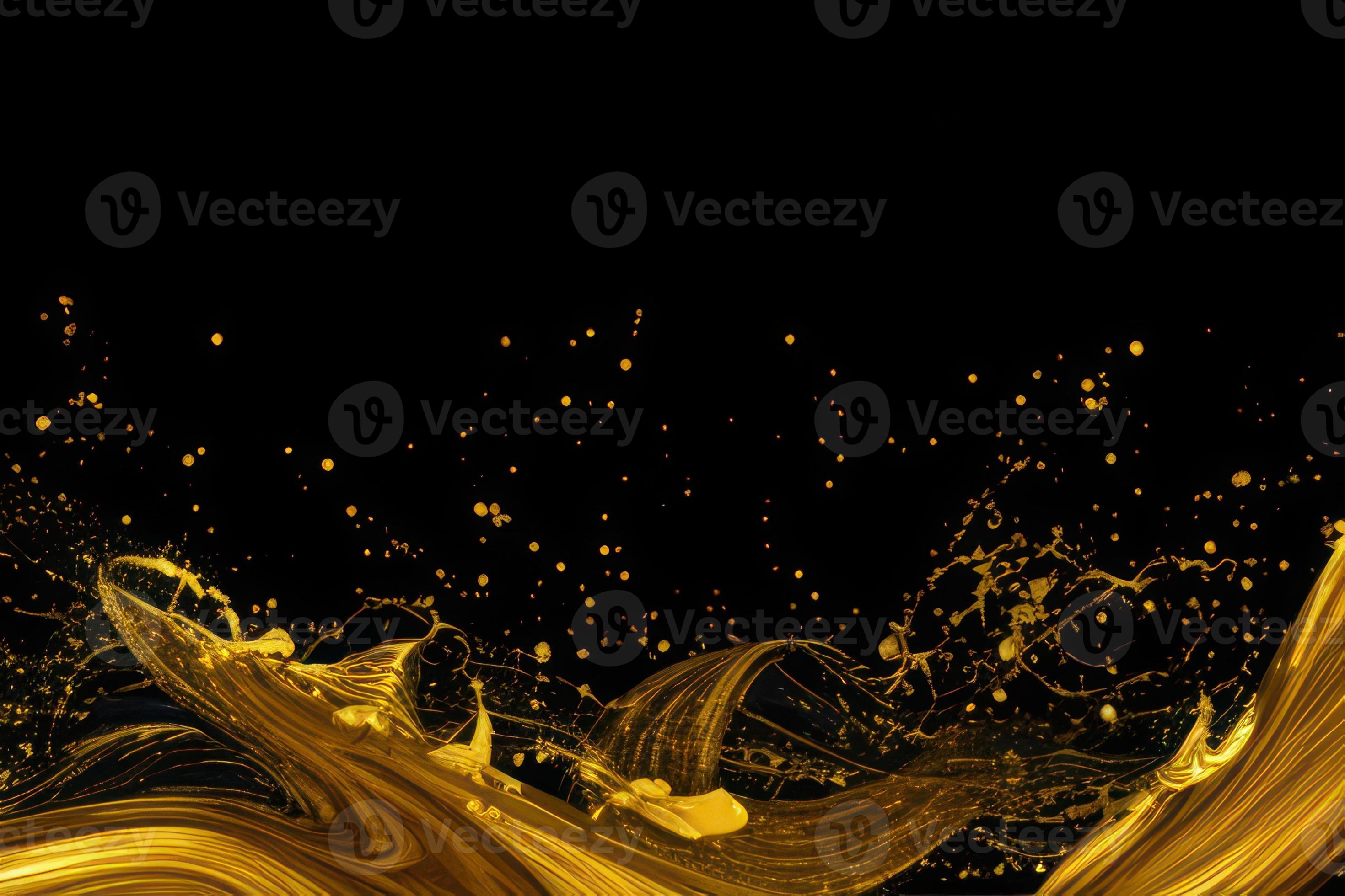 gold paint splatter on dark background, gold liquid flowing on black