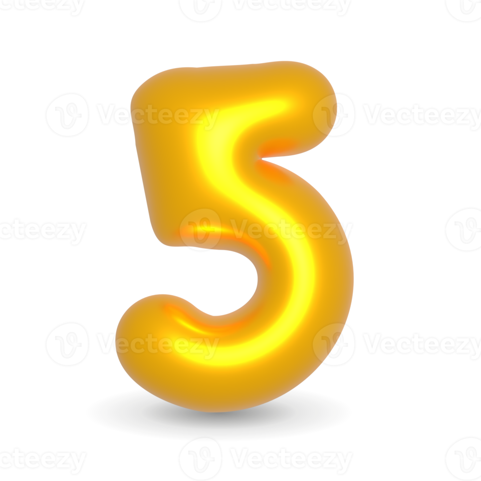 Number Five Golden Balloon 3d render. Realistic design element for events. png
