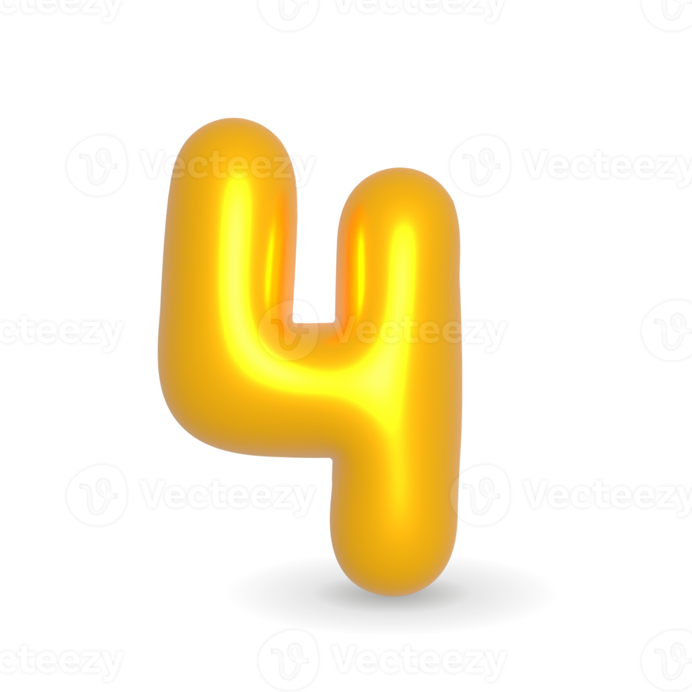 Number Four Golden Balloon 3d render. Realistic design element for events. png