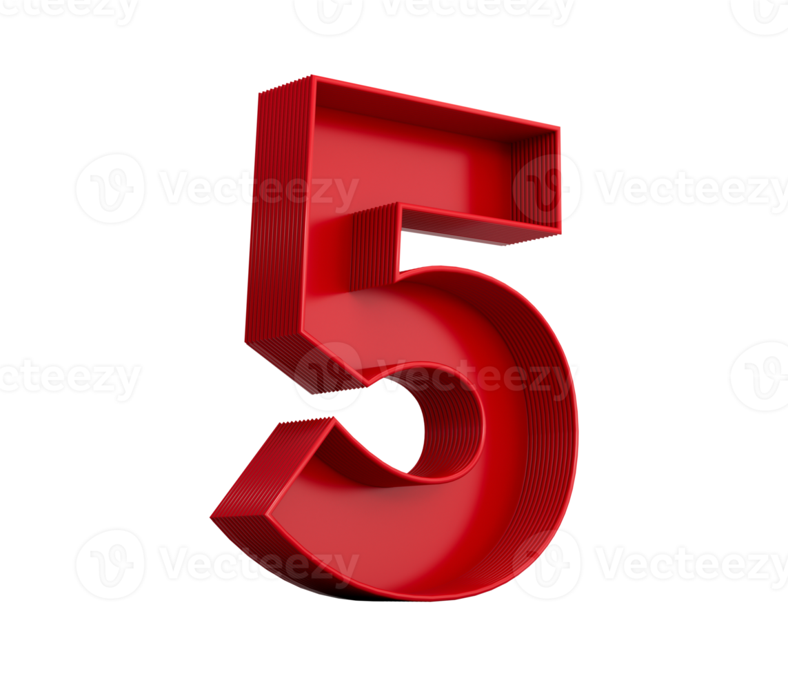 3d illustration of red number 5 or Five inner shadow png