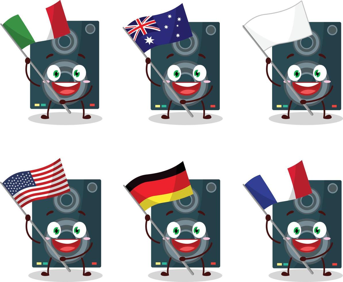 Loudspeaker cartoon character bring the flags of various countries vector