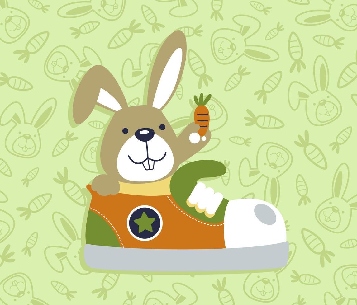 Rabbit in the shoe with a carrot on carrots and rabbit head background pattern, vector cartoon illustration