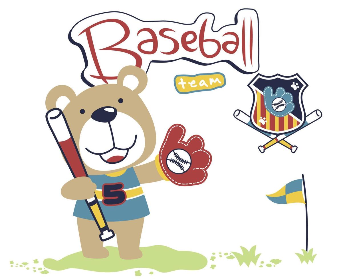 Little bear playing baseball, vector cartoon illustration