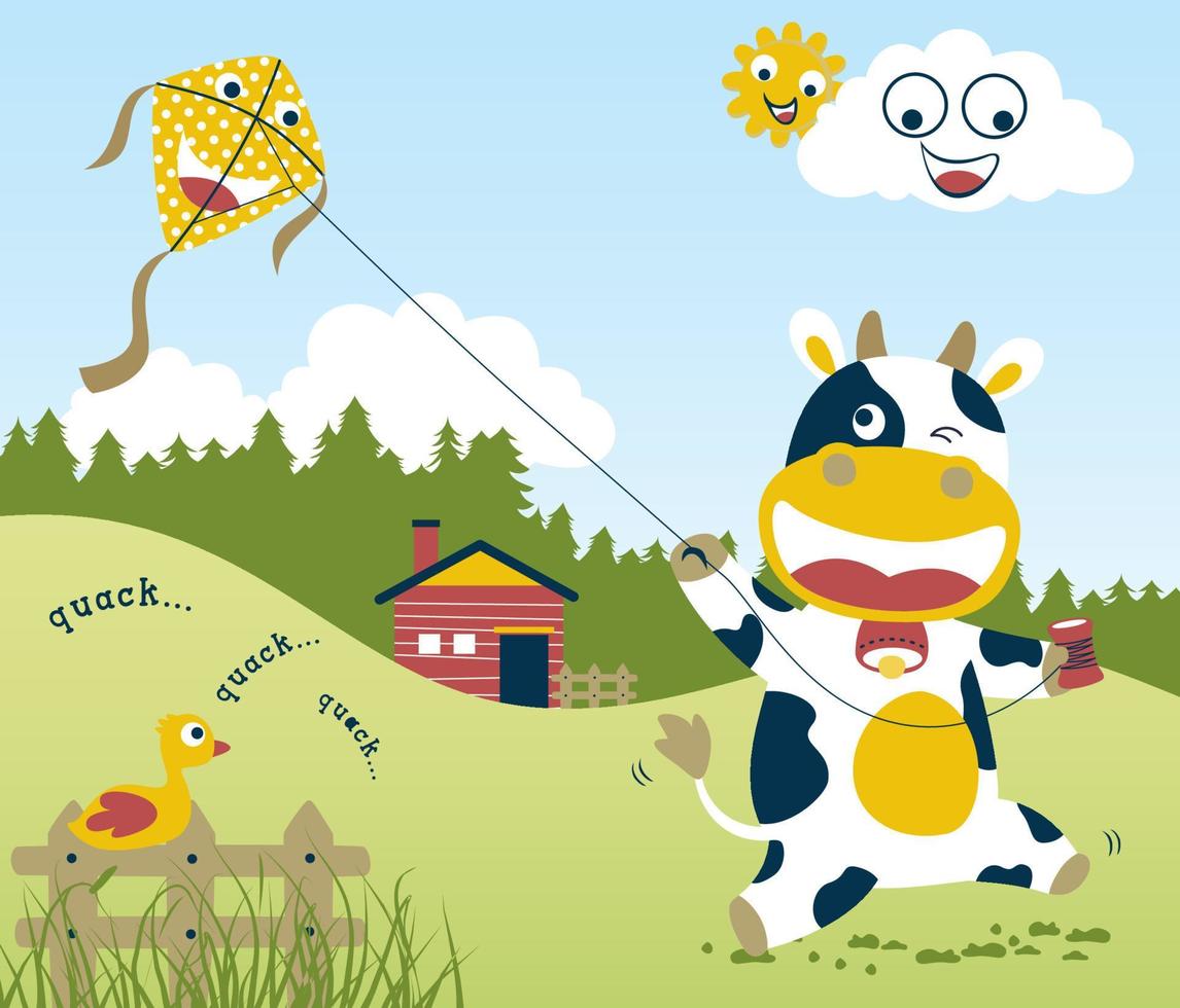 Funny cow playing kite on farmyard background, Vector cartoon illustration