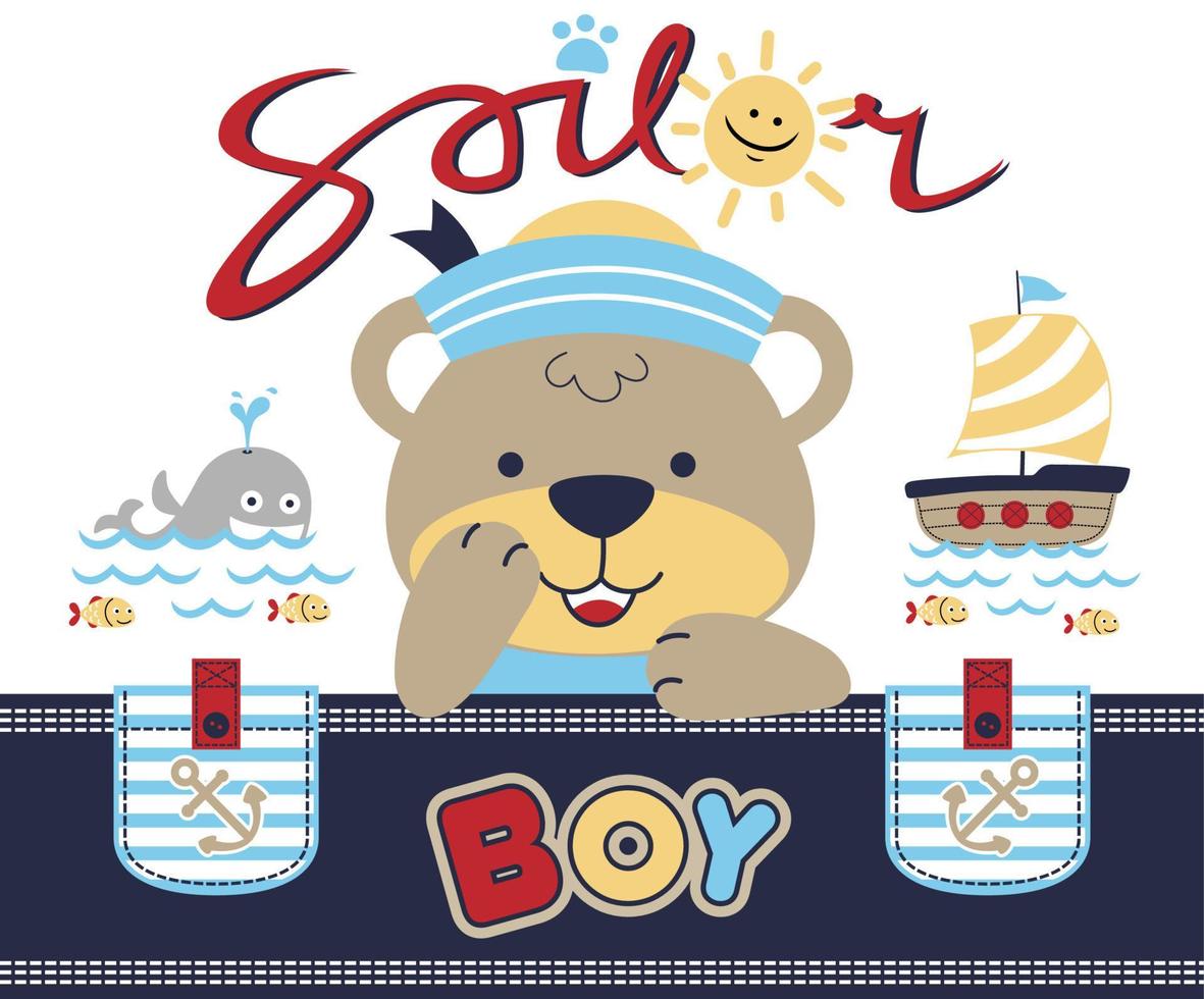 Cute bear the funny sailor with marine animals and sailing elements, vector cartoon illustration