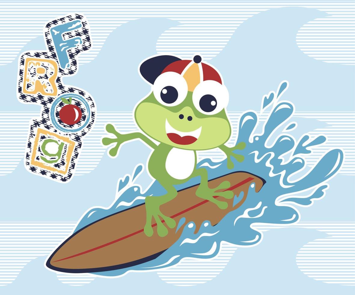 Funny frog in surfing, vector cartoon illustration
