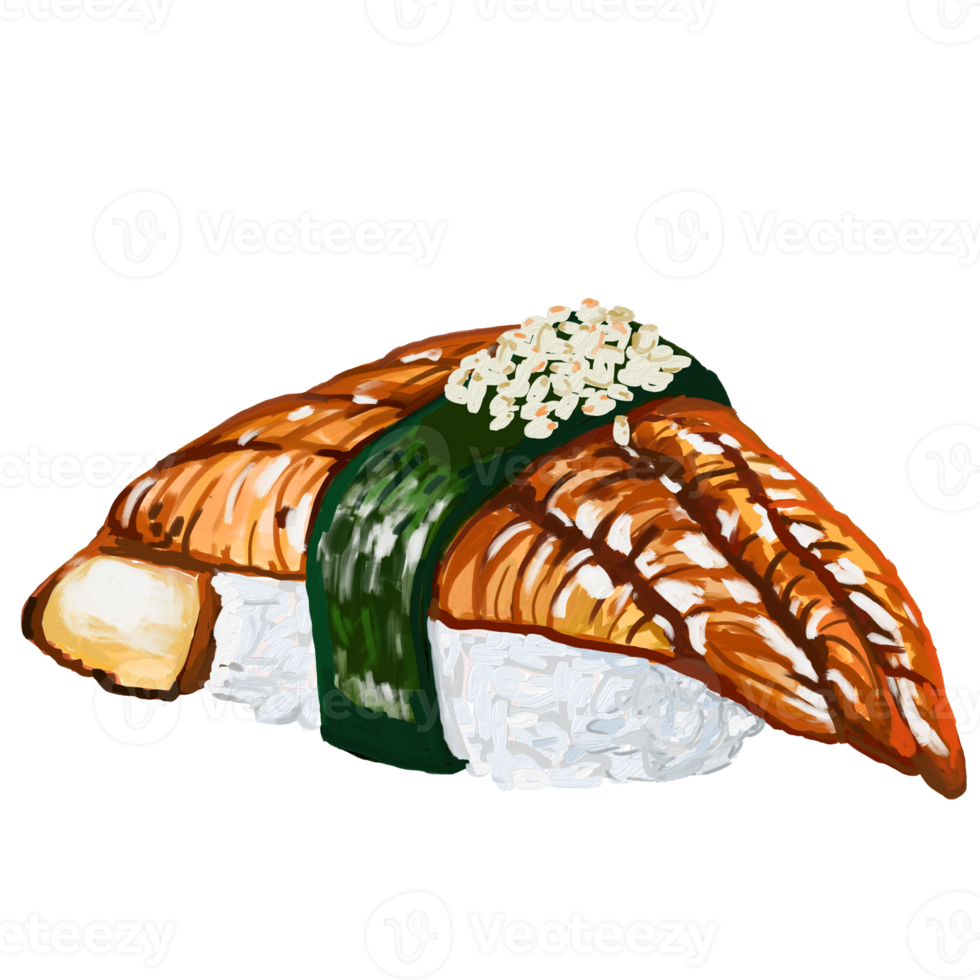 acuarela y dibujo para japonés Sushi anguilas con algas marinas . japonés cocina. digital pintura de comida ilustración. regional comidas concepto. png