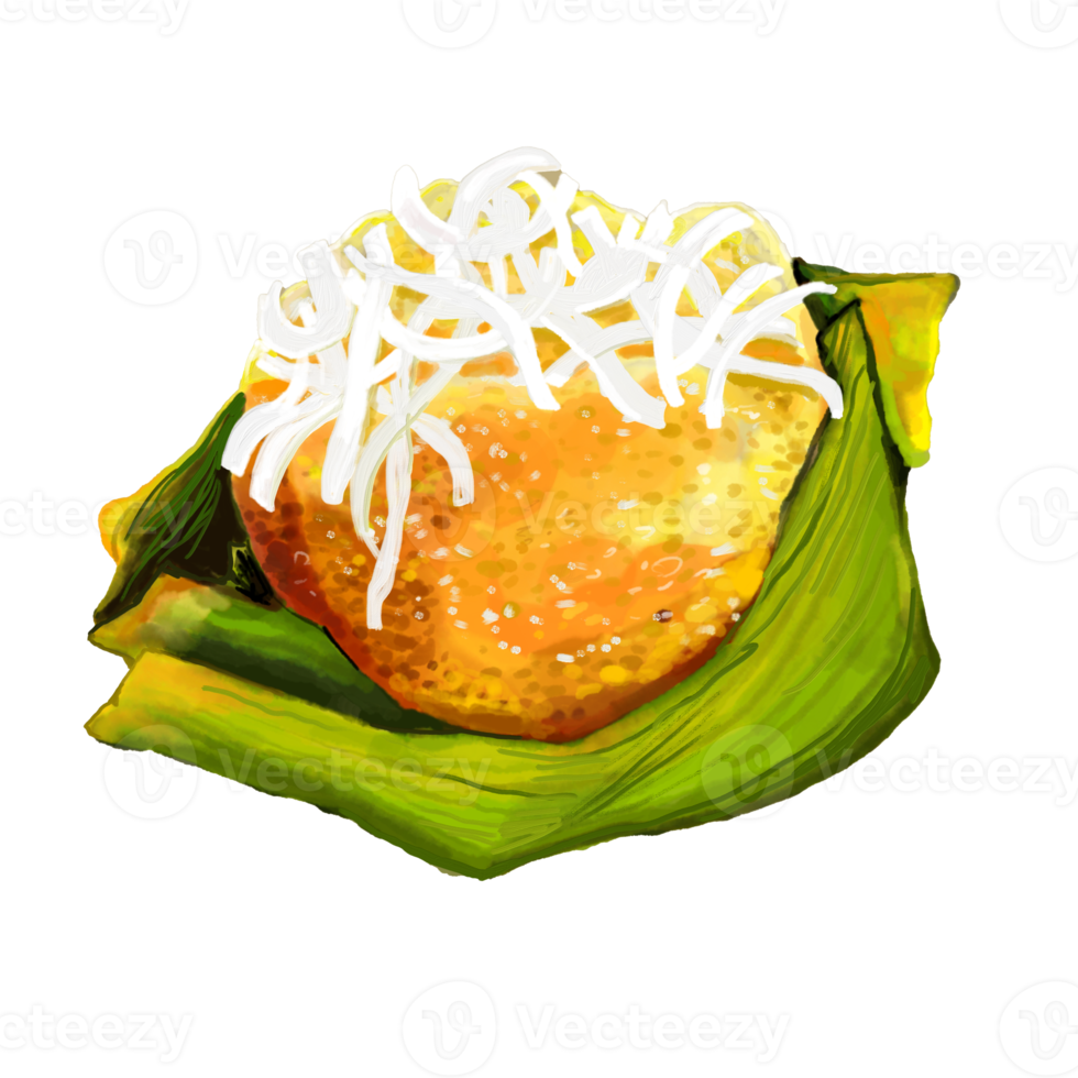 Watercolor and drawing for Toddy Palm Cake with banana leaf. Thai cuisine and dessert. Digital painting of food illustration. Regional Foods Concept. png