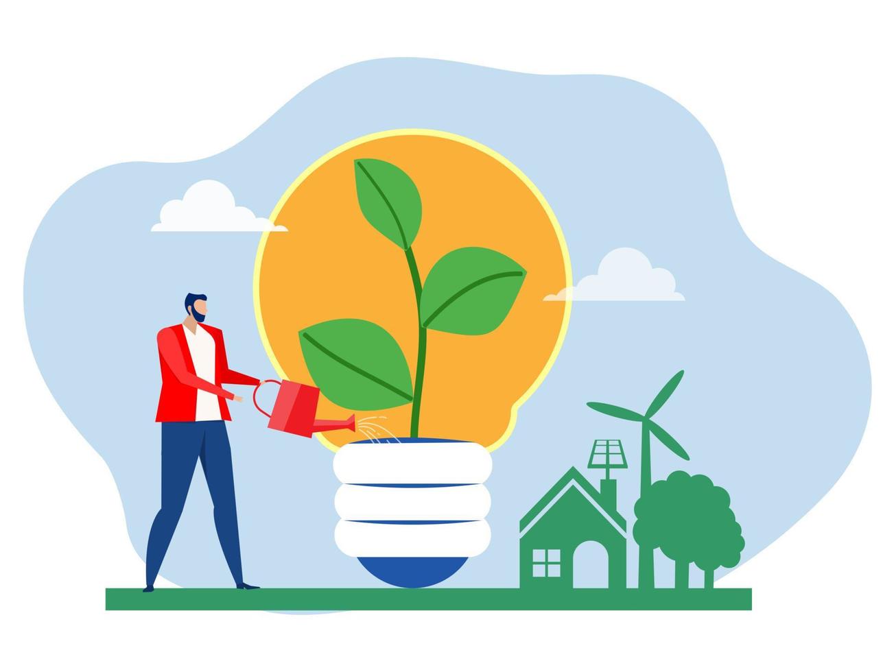 businessman watering a small plant with a light bulb on it creating a concept Green eco home with save energy and recycle ,Ecology and environment conservation concept vector