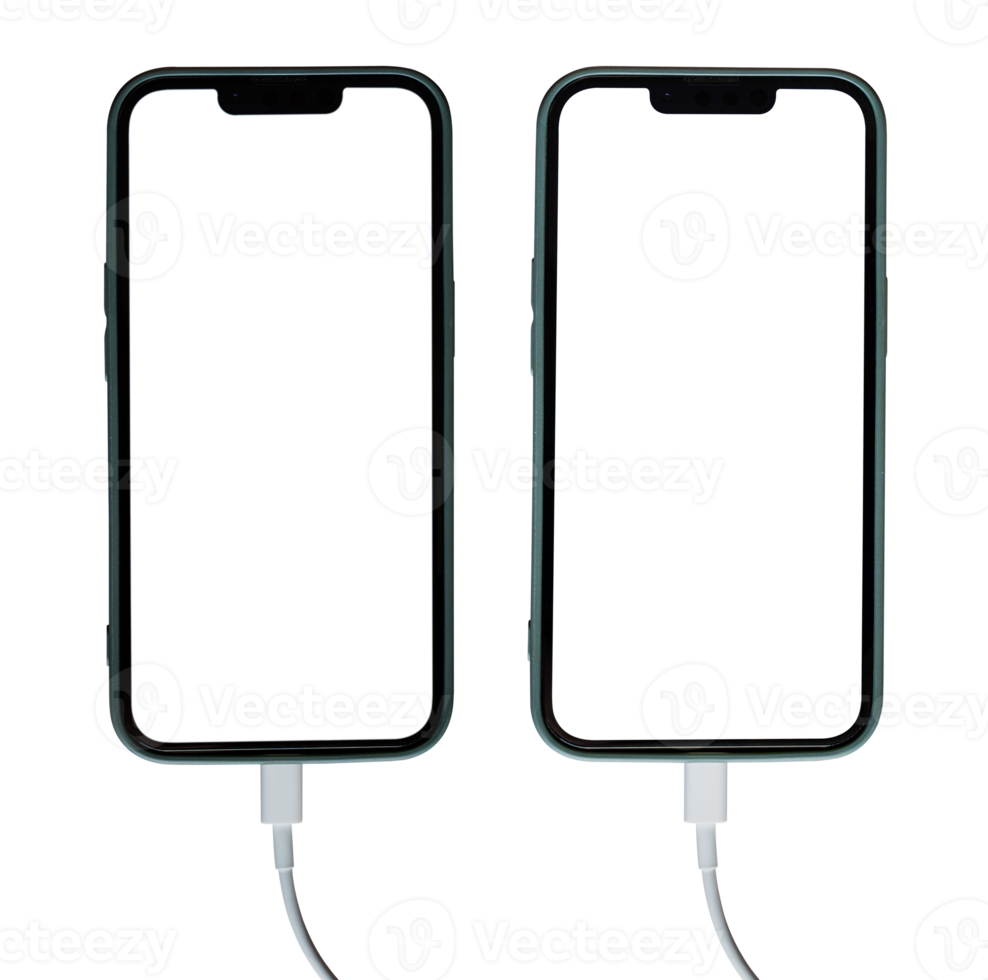 Mockup of smartphone with blank screen isolated on transparent background PNG file. Charging a mobile phone via a USB cable