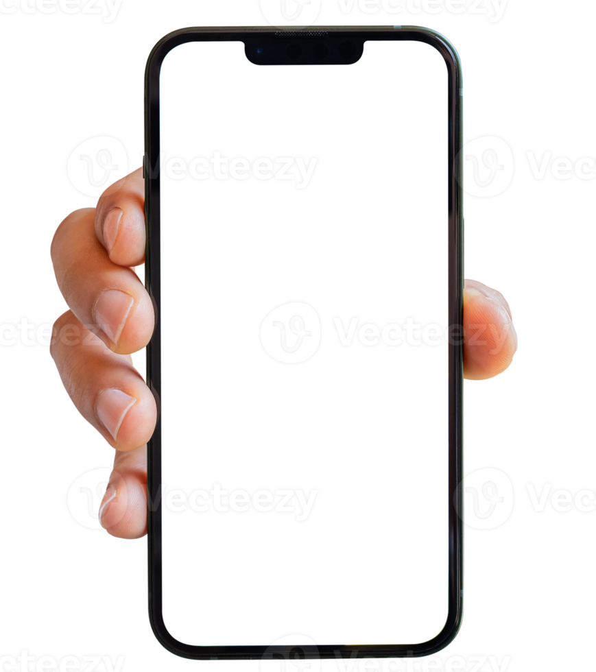 téléphone intelligent maquette sur transparent arrière-plan, png fichier format. main en portant mobile téléphone avec transparent filtrer. pour La publicité en ligne.