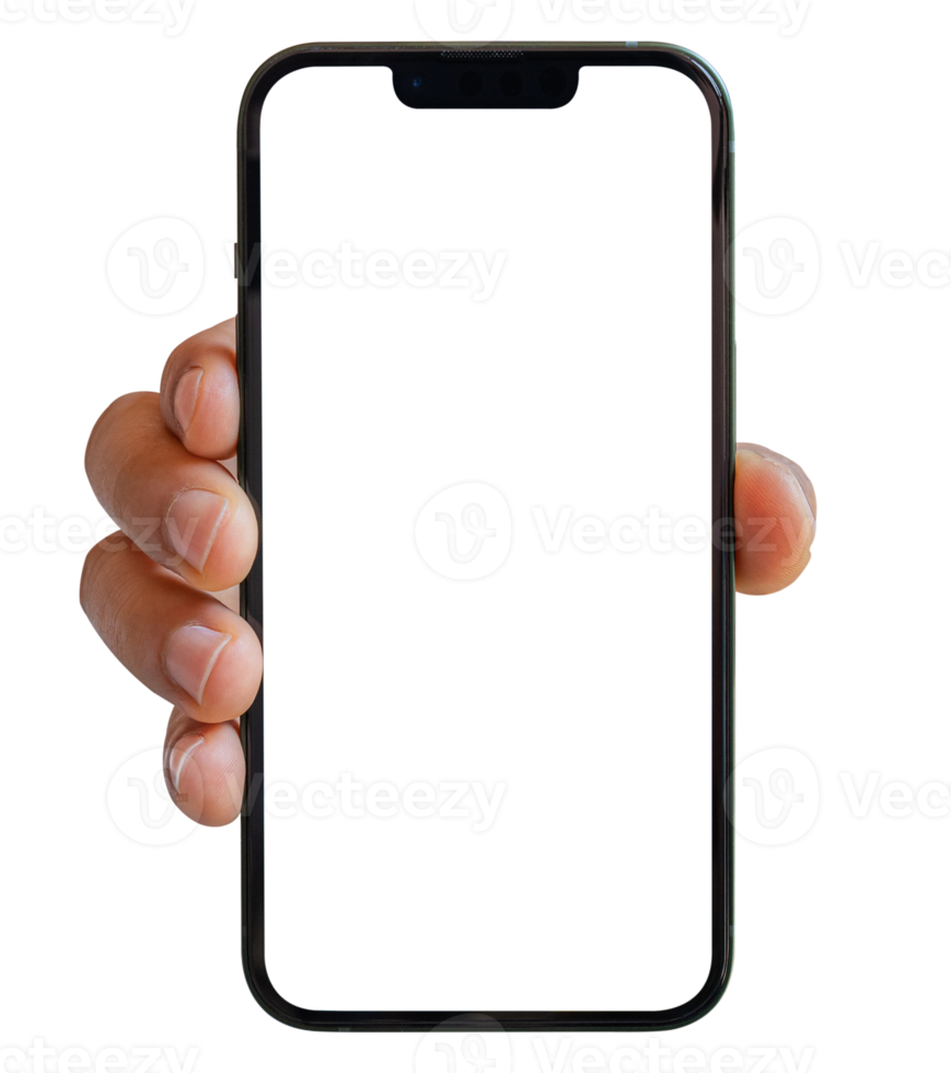 téléphone intelligent maquette sur transparent arrière-plan, png fichier format. main en portant mobile téléphone avec transparent filtrer. pour La publicité en ligne.