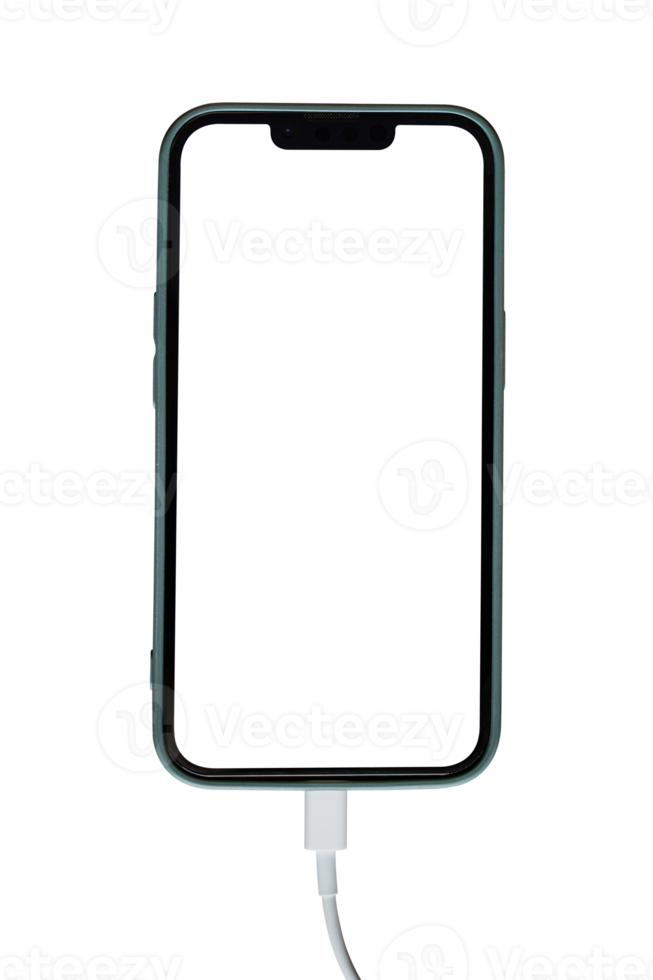 Mockup of smartphone with blank screen isolated on transparent background PNG file. Charging a mobile phone via a USB cable