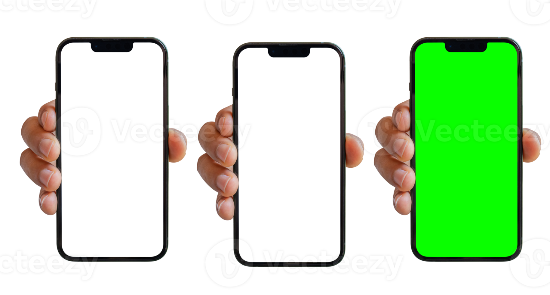 Smartphone mockup on transparent background. Hand holding mobile phone with blank, transparent and green screen. for advertising online. png