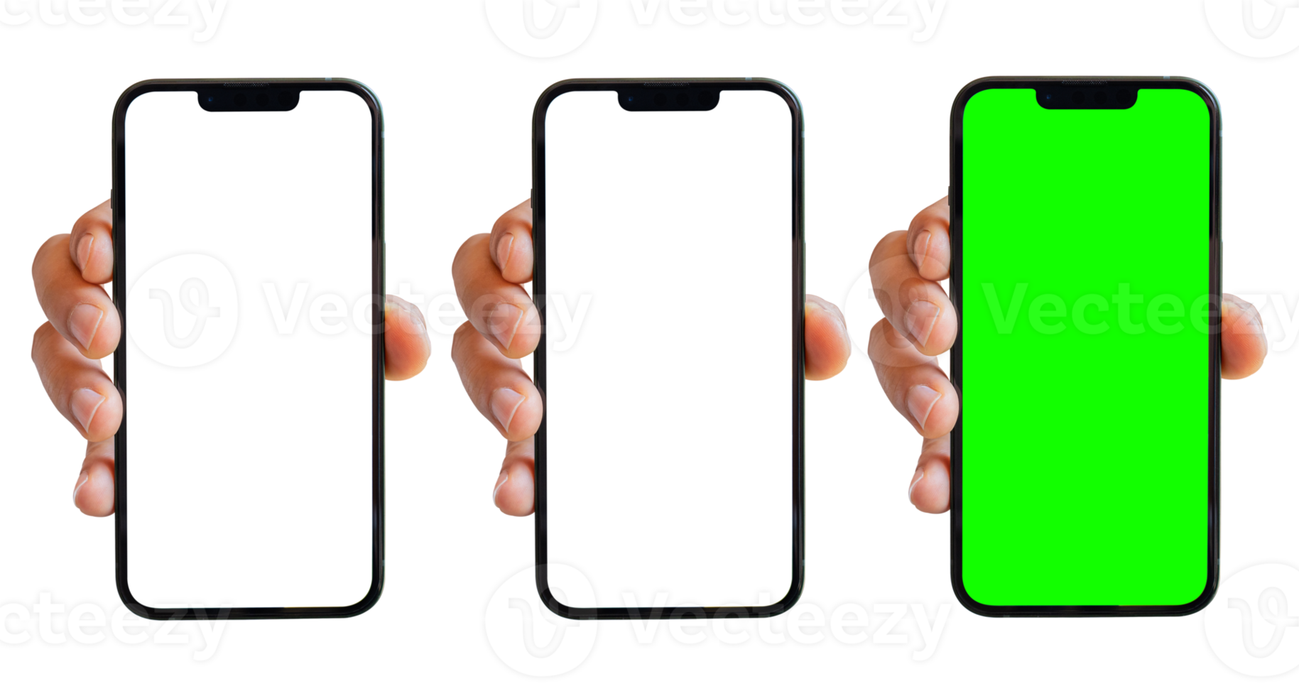 Smartphone mockup on transparent background. Hand holding mobile phone with blank, transparent and green screen. for advertising online. png