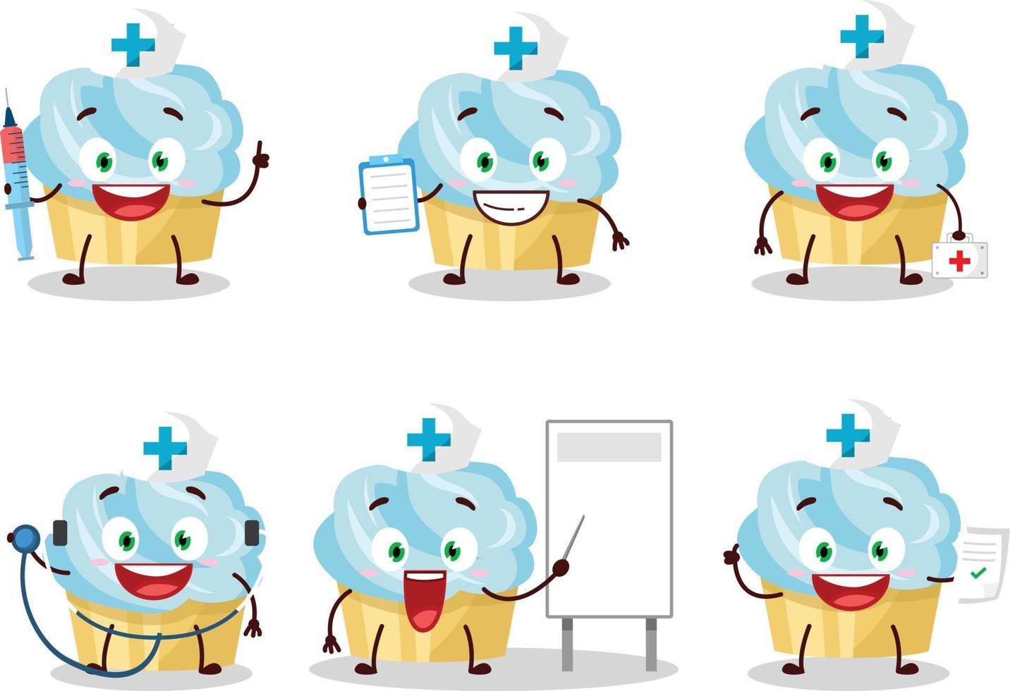 médico profesión emoticon con vainilla pastel dibujos animados personaje vector