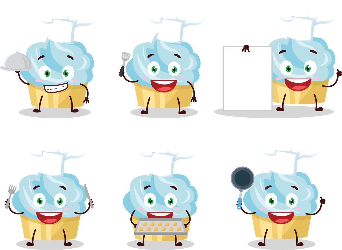 Cartoon character of vanilla cake with various chef emoticons vector