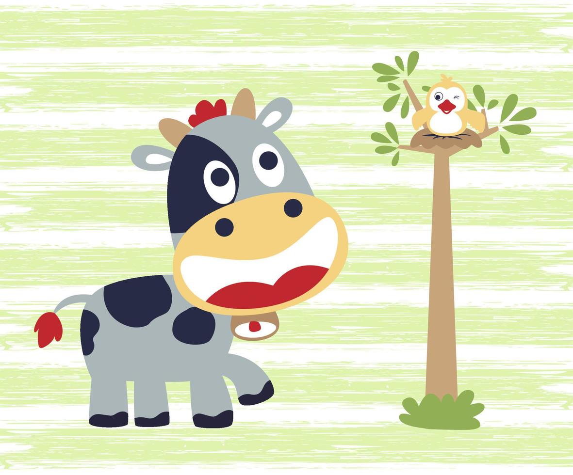 vector cartoon illustration of funny cow with bird in the tree on striped background
