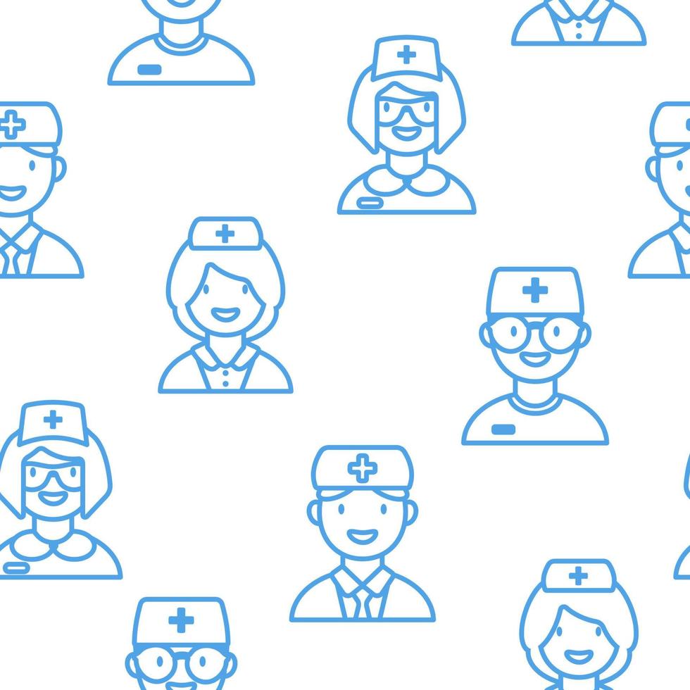 Seamless Pattern with Outline Icons of Nurses and Doctors. Vector illustration.