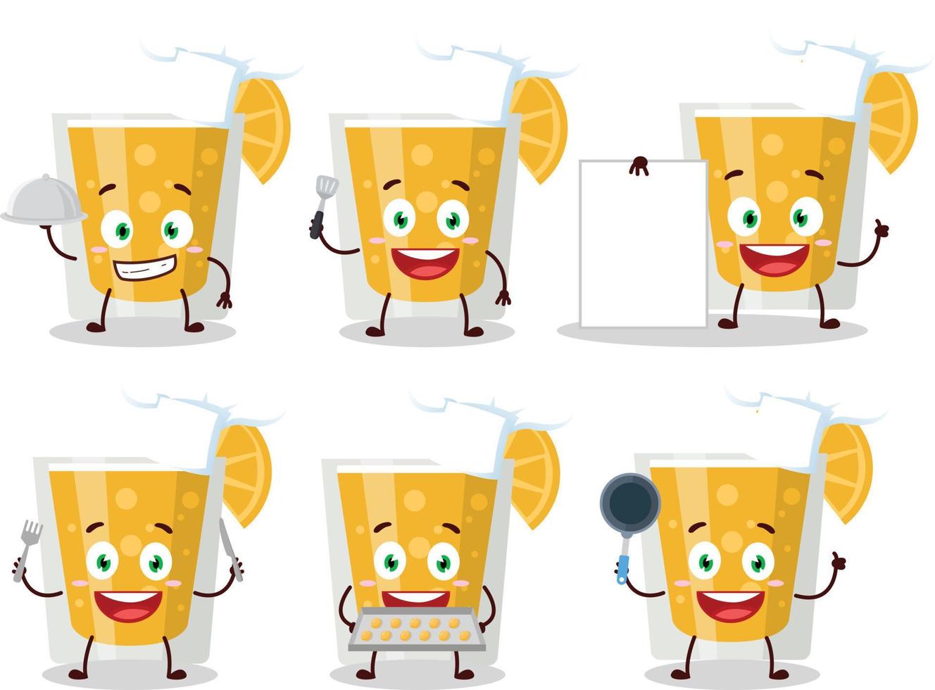 dibujos animados personaje de mi naranja jugo con varios cocinero emoticon vector