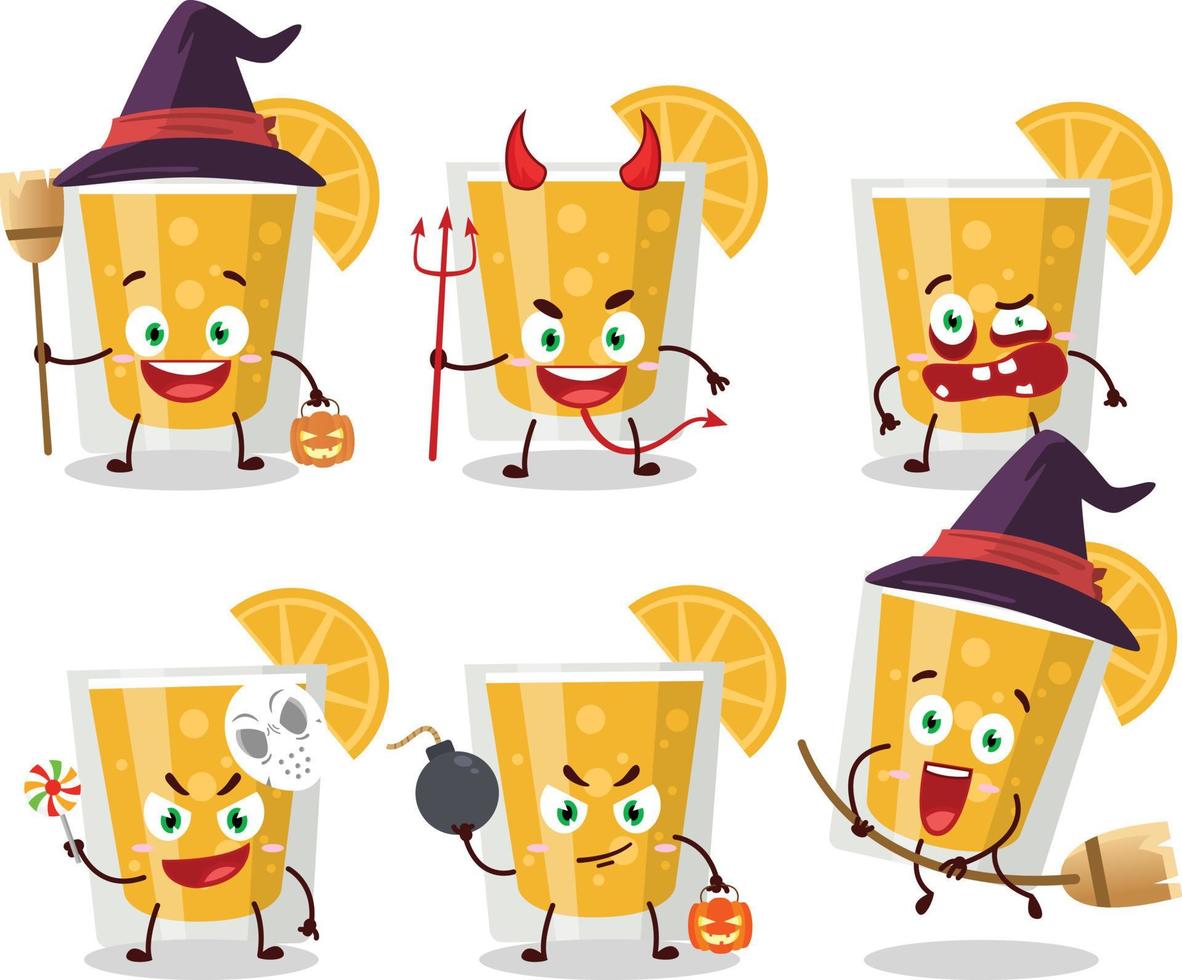 Víspera de Todos los Santos expresión emoticones con dibujos animados personaje de naranja jugo vector