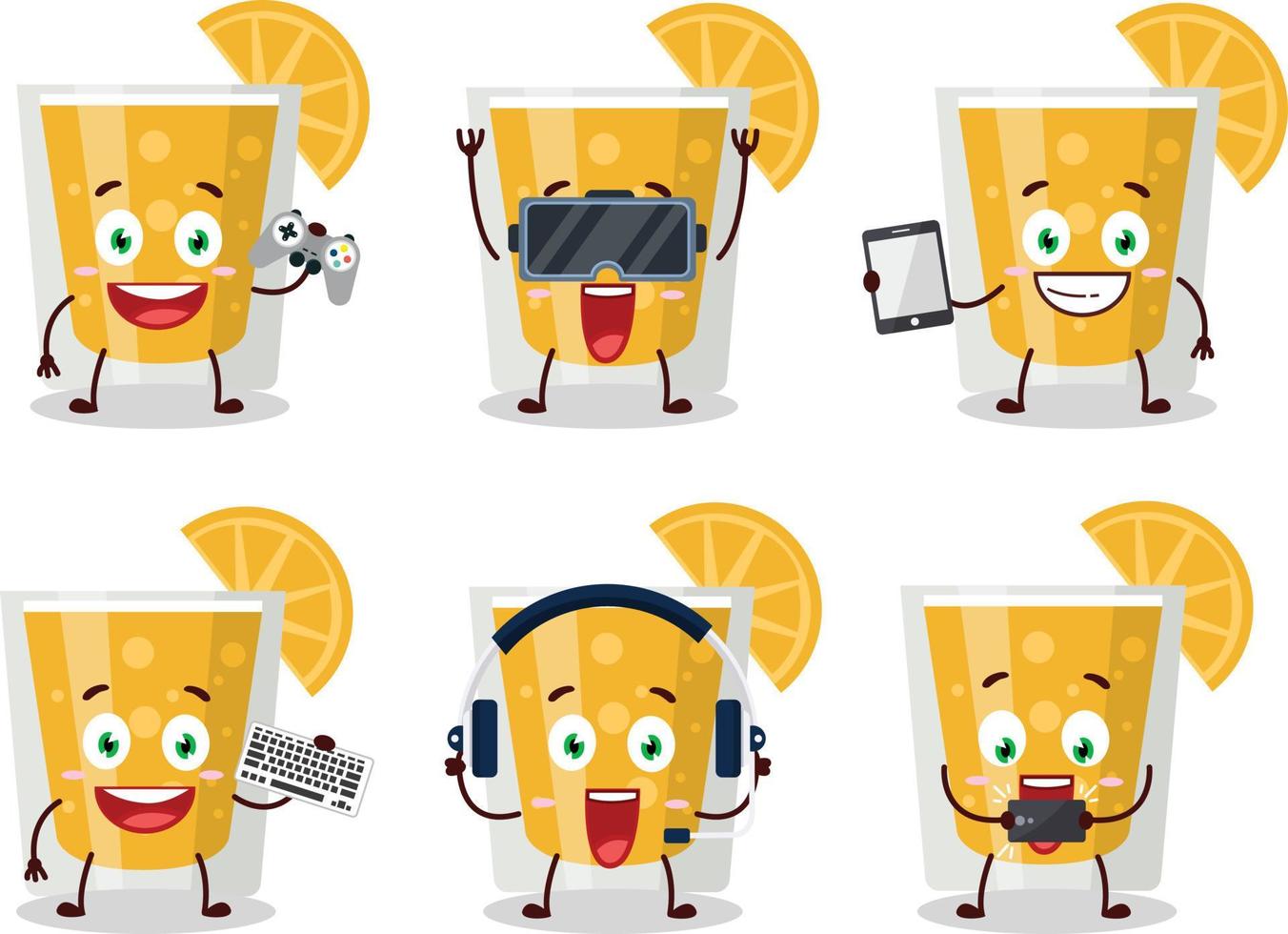 naranja jugo dibujos animados personaje son jugando juegos con varios linda emoticones vector