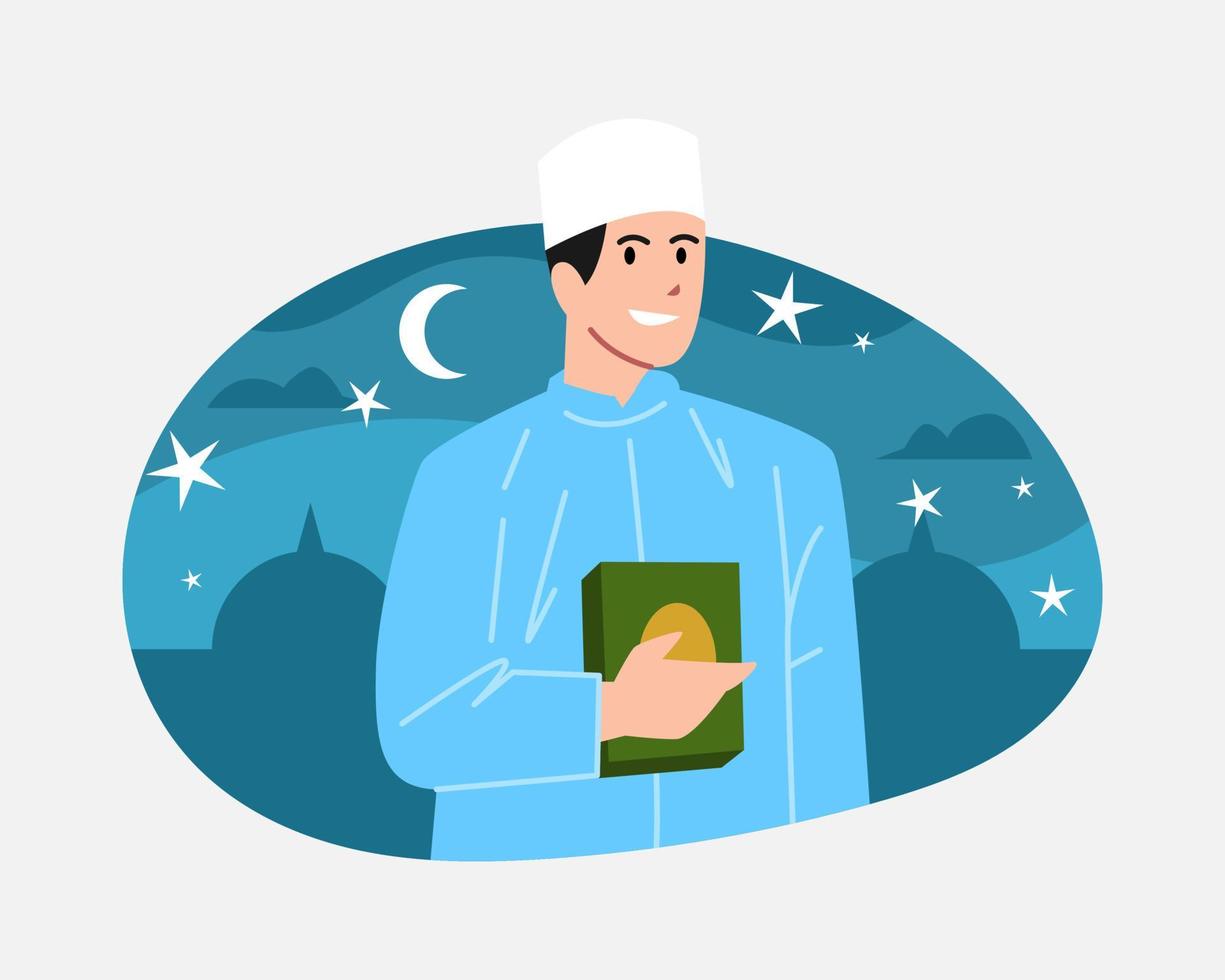 Muslim men in Islamic clothing hold the Koran. Silhouette of Mosque, moon and stars blue background. Perfect for greeting card, poster, print. flat vector illustration.