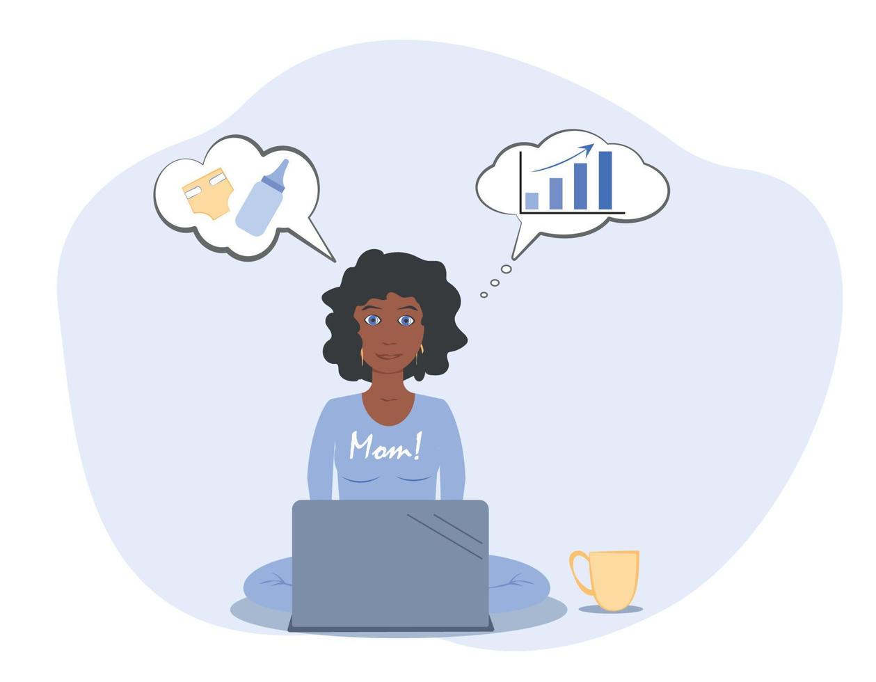 Woman, african american working mom. Priorities of women in motherhood and career. Freelancer woman working at home with a child. Mothers Day. Work during motherhood vector