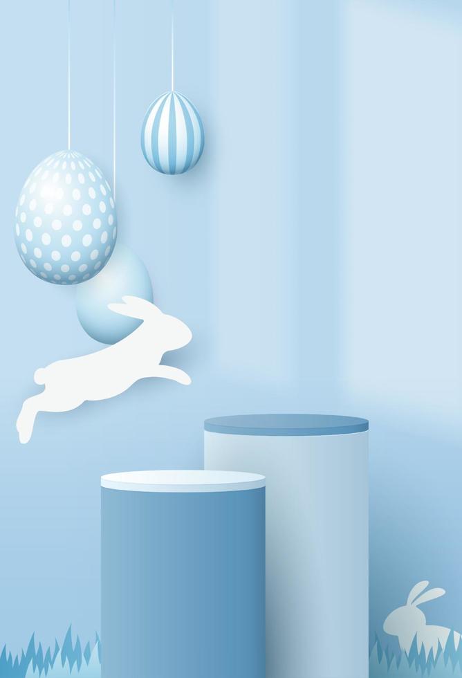 Happy Easter blue background and paper art podium display for product presentation branding and packaging presentation. studio stage with eggs and rabbit background. vector design.