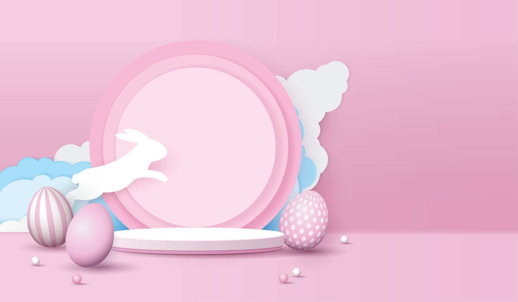 Happy Easter pink background and paper art podium display for product presentation branding and packaging presentation. studio stage with eggs and rabbit background. vector design.