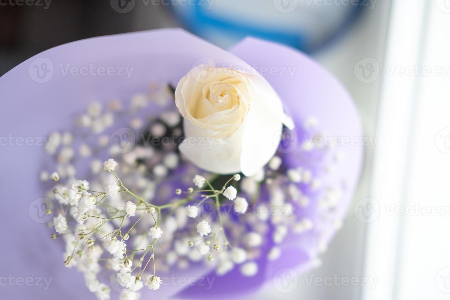 bouquet of white roses in purple packaging on the windowsill, top view photo