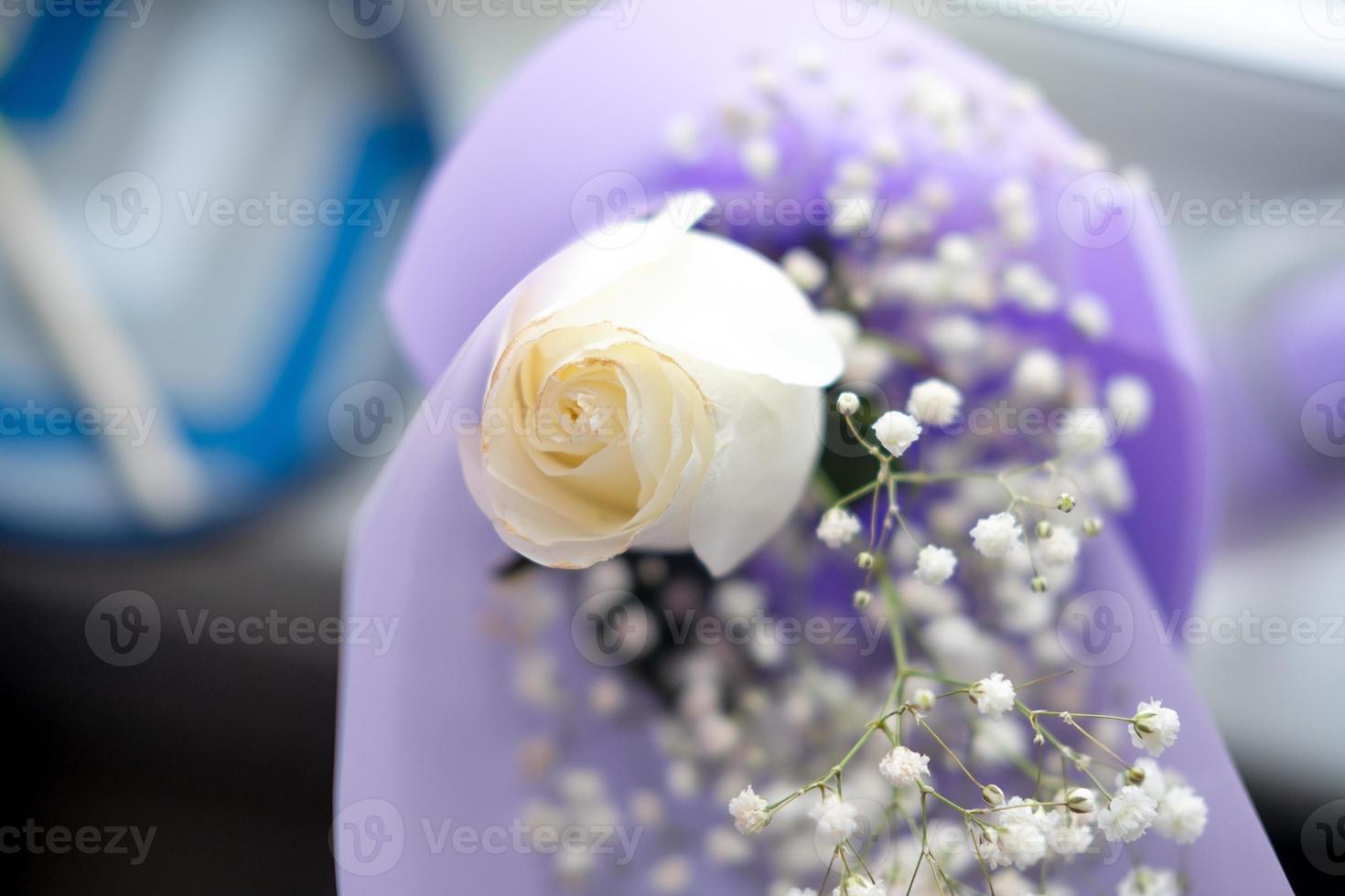 bouquet of white roses in purple packaging on the windowsill, top view photo