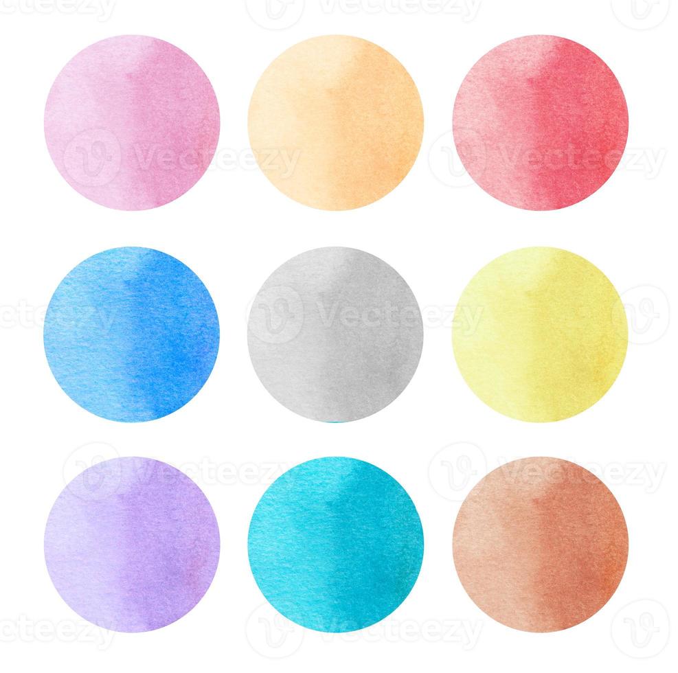 Colorful watercolor circles set. Bright watercolour pattern. Pink, blue, red, yellow, purple, orange, gray on white background. Multicolored aquarelle backdrop. Abstract art. Template for your design. photo