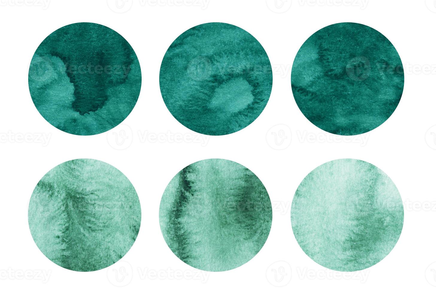 Green watercolor circles set. Emerald watercolour pattern. Green round geometric shapes on white background. Aquarelle stains on paper texture. Abstract art. Template for your design. photo