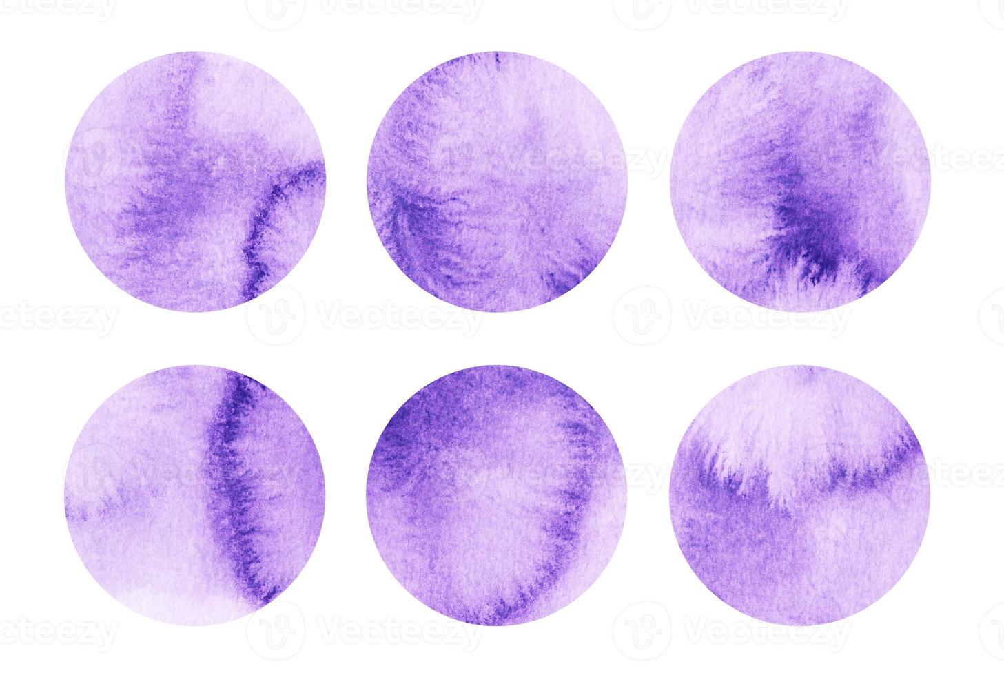 Violet watercolor circles set. Purple abstract round geometric shapes on white background. Aquarelle stains on paper texture. Template for your design. photo