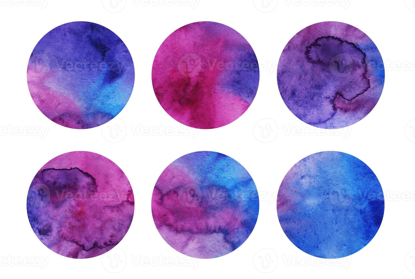 Colorful watercolor circles set. Pink, purple and blue round geometric shapes on white background. Aquarelle stains on paper texture. Abstract art. Template for your design. photo