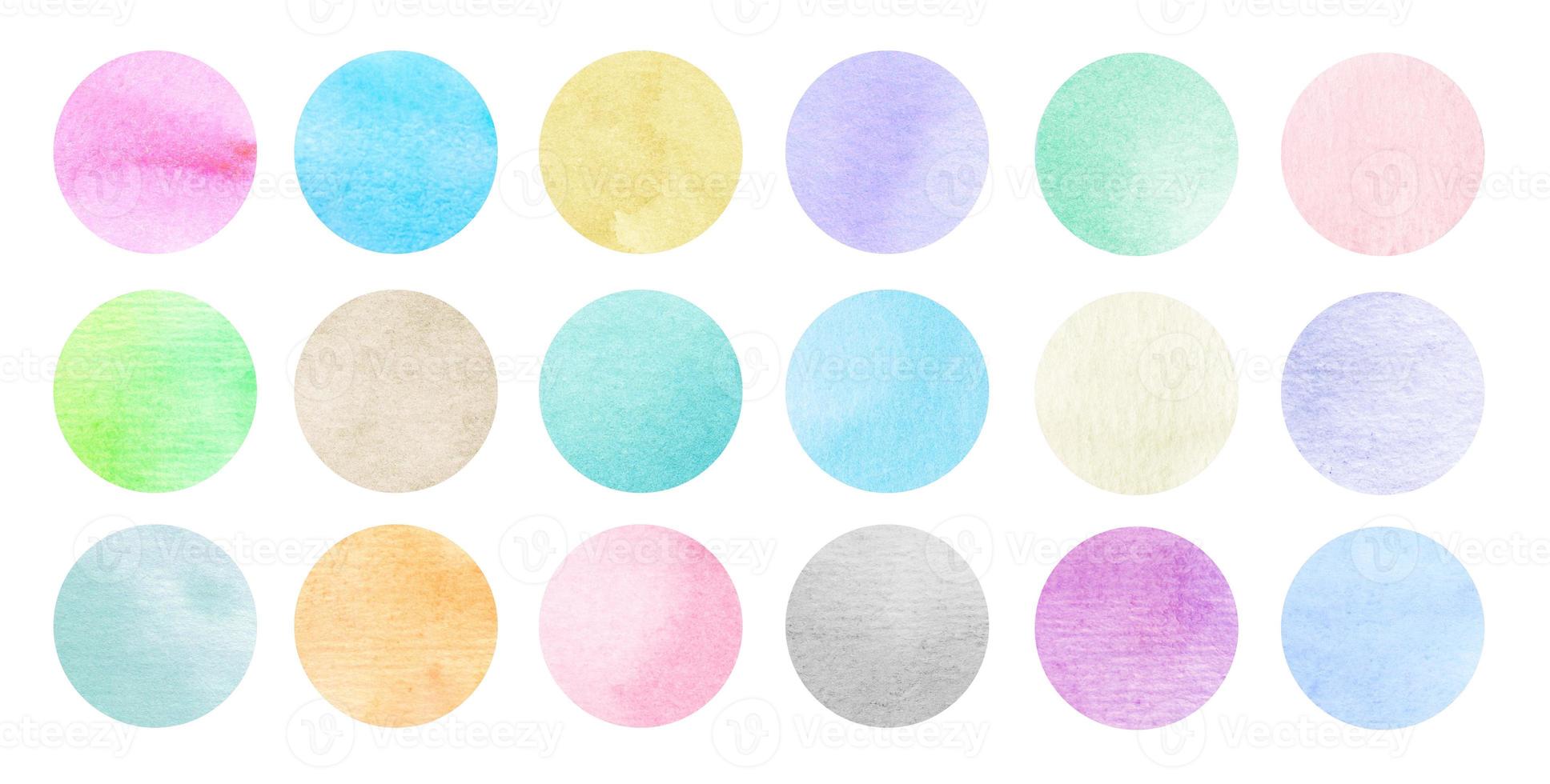 Colorful watercolor circles set. Pastel watercolour pattern. Pink, blue, green, yellow, purple, orange on white background. Multicolored aquarelle backdrop. Abstract art. Template for your design. photo