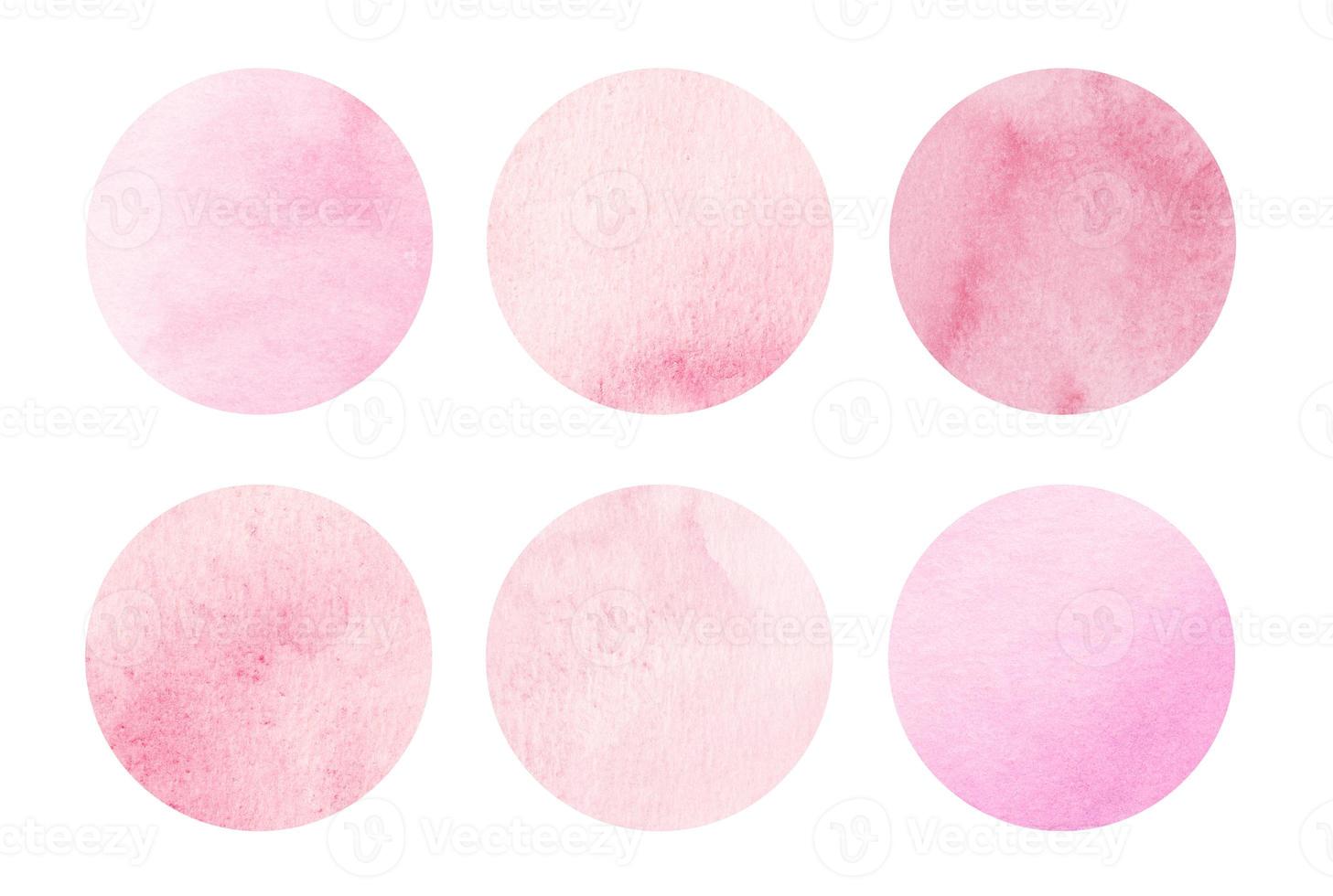 Pink coral watercolor circles set. Light pink round geometric shapes on white background. Aquarelle stains on paper texture. Abstract art. Template for your design. photo