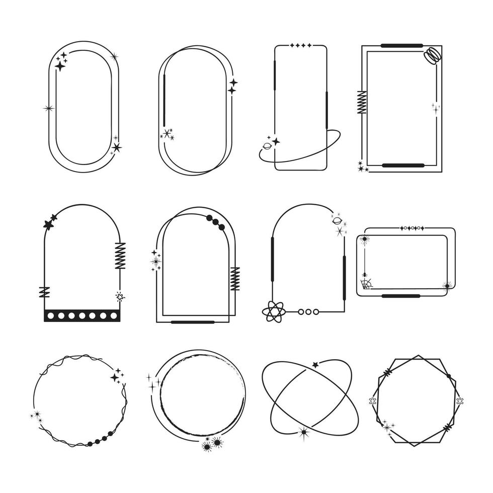 moderno minimalista estético línea marco elementos, de moda lineal marcos con estrellas, geométrico formularios arco marco con destellos para social medios de comunicación o póster diseño, sencillo decorativo marco con boho estilo vector