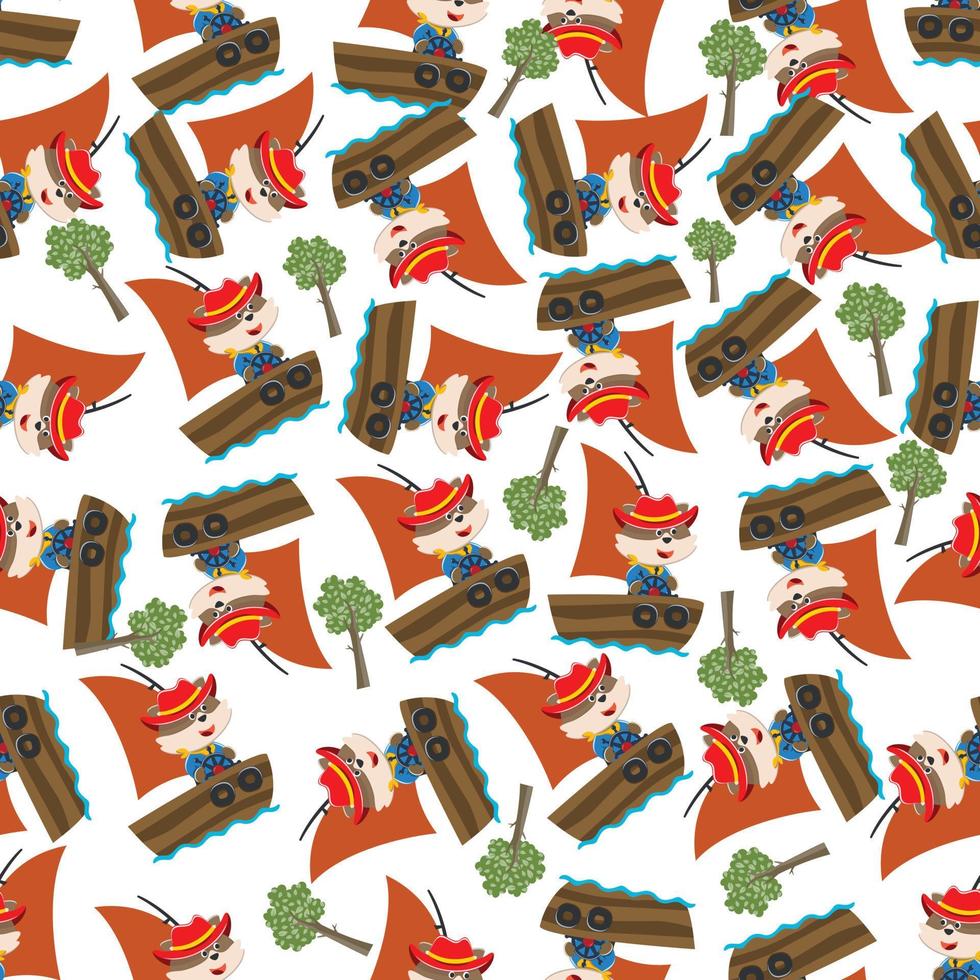 Seamless pattern of funny animal on little boat with cartoon style. Can be used for t-shirt printing, children wear fashion designs, baby shower invitation cards and other decoration. vector