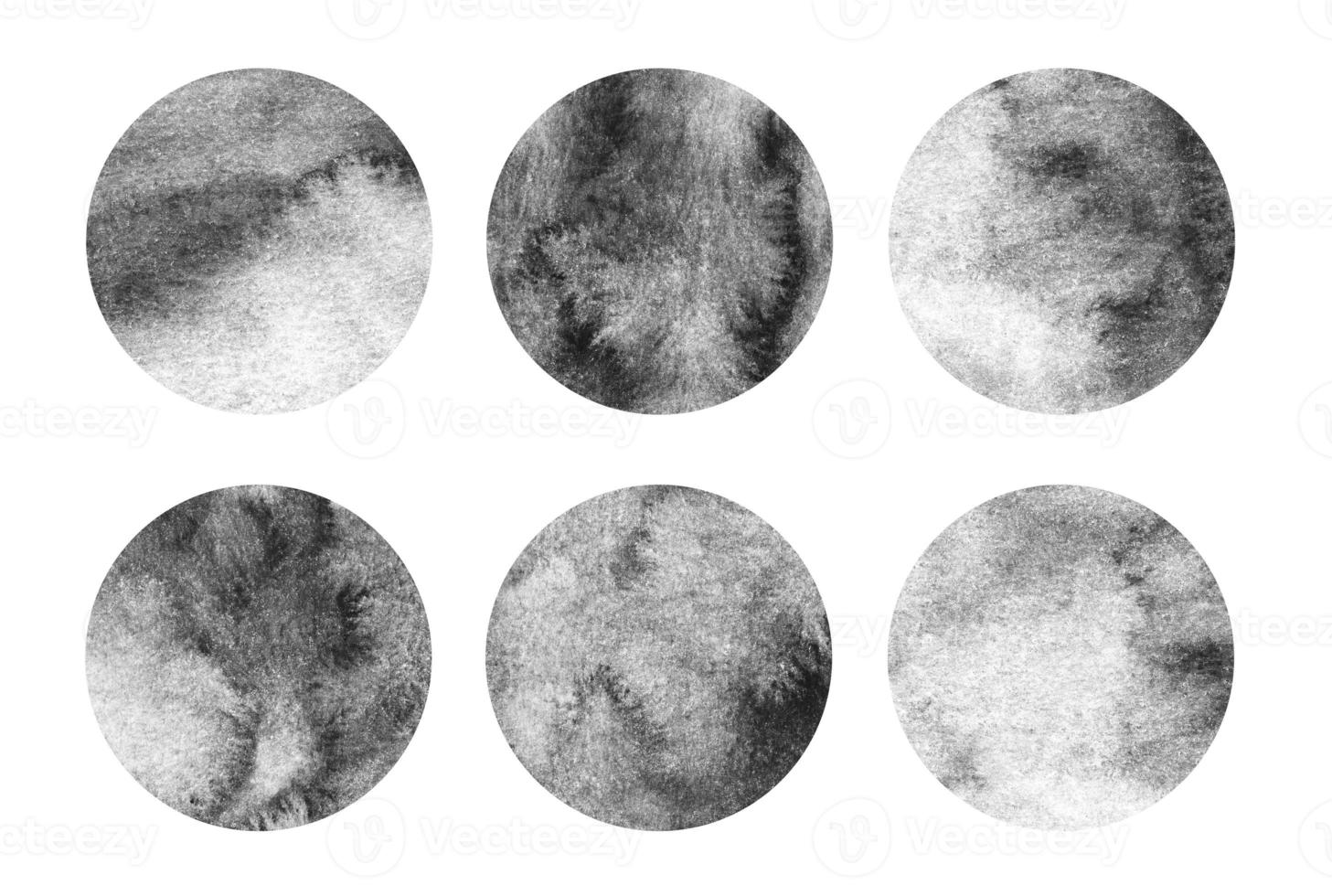 White and black watercolor circles set. Dark round geometric shapes on white background. Aquarelle stains on paper texture. Abstract art. Template for your design. photo