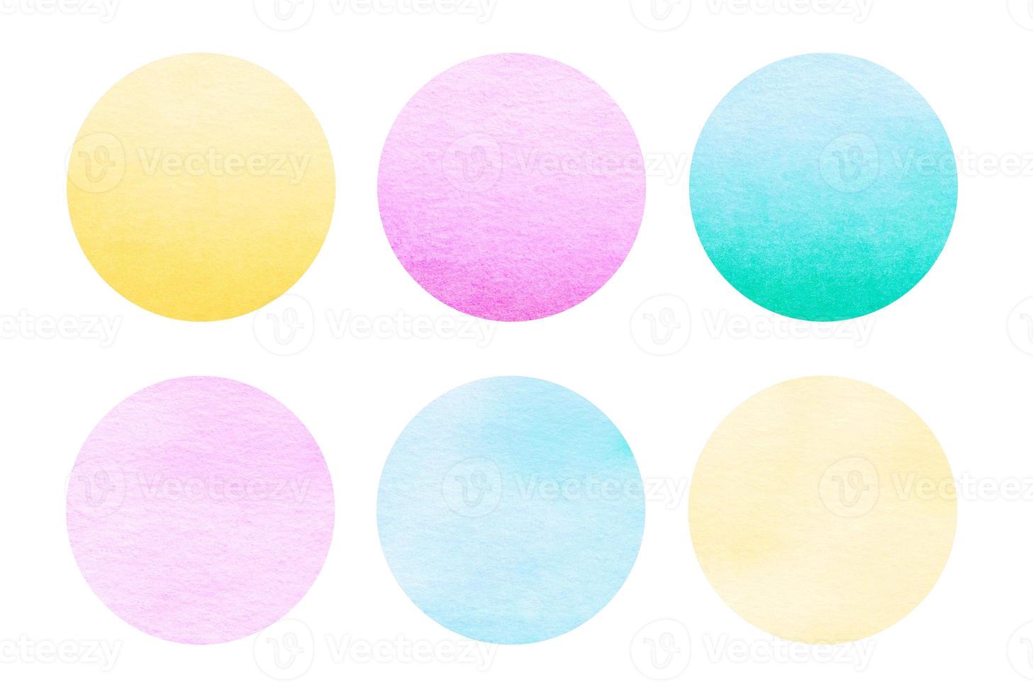 Colorful watercolor circles set. Pink, green, blue, yellow abstract round geometric shapes on white background. Aquarelle multicolored stains on paper texture overlay. Template for your design. photo
